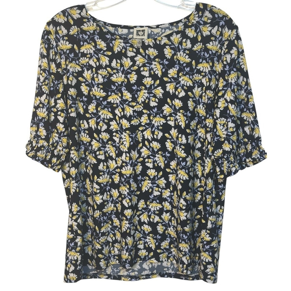 Anne‎ Klein Floral Print Top Black Yellow White 3/4 Ruched Sleeve Summer Size M